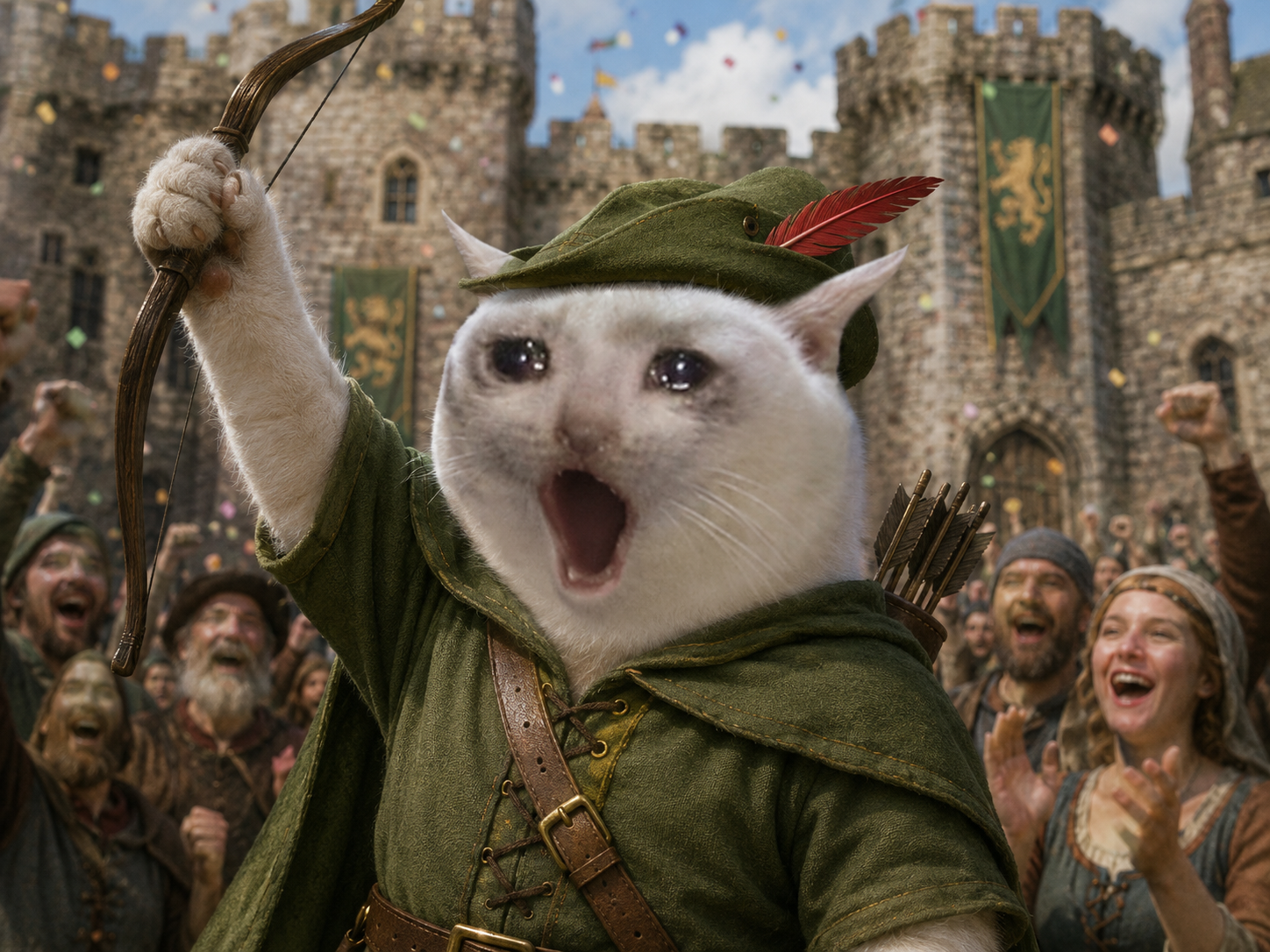 Popcash raising his bow in victory in front of a cheering castle crowd