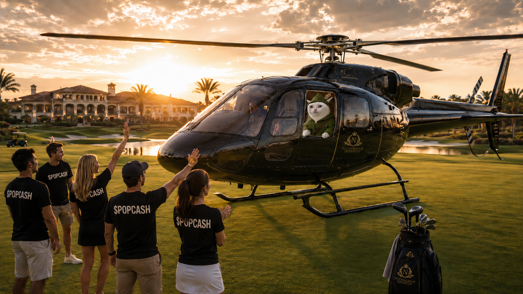 Popcash landing his helicopter as the Merry Band of holders welcomes him