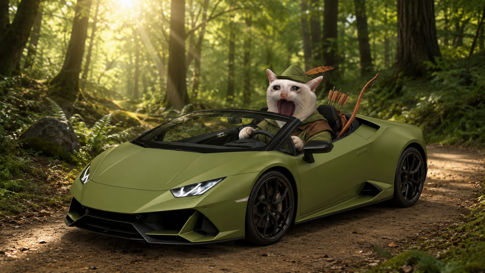 Popcash driving a green Lamborghini through Sherwood Forest