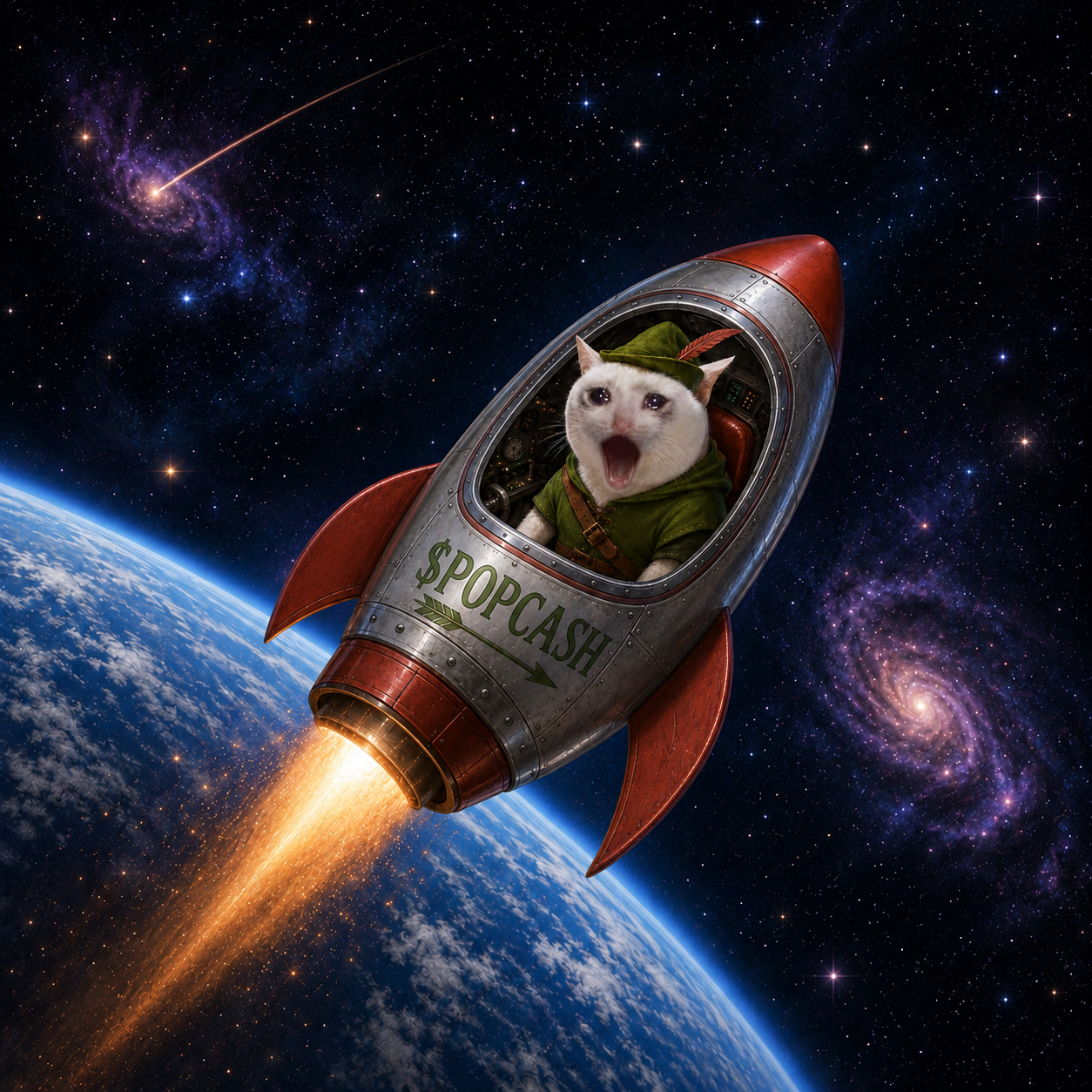 Popcash flying a $POPCASH rocket to the moon